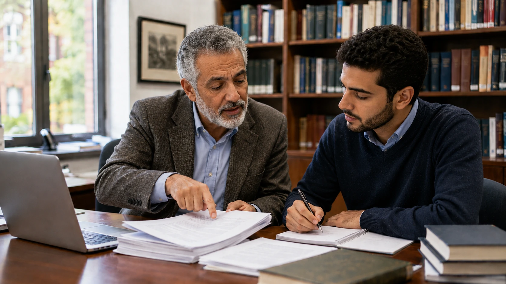أستاذ جامعي يراجع رسالة بحثية مع طالب.webp