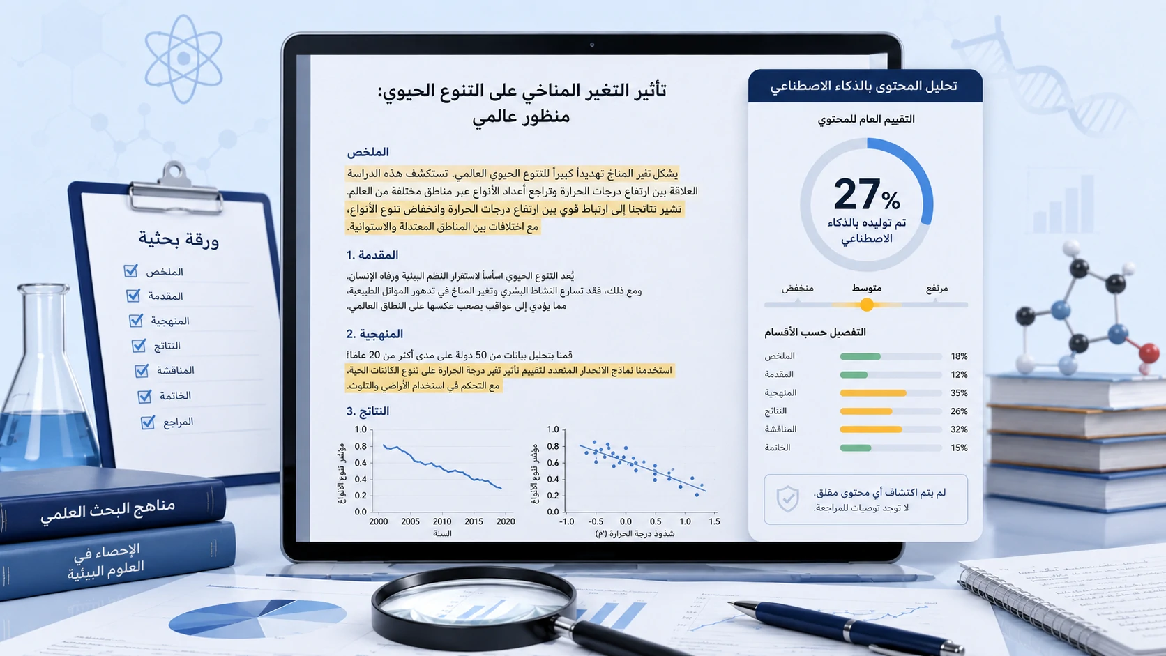 رسم توضيحي لتقرير فحص نسبة الذكاء الاصطناعي في بحث علمي.webp